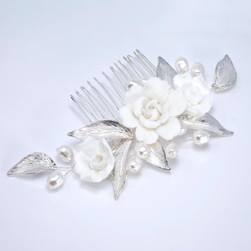 Ceramic White Rose flower And Buds Faux Pearl Hair comb, Bridal Hair piece, Bridal Hair Accessories, Wedding Hair Accessory.